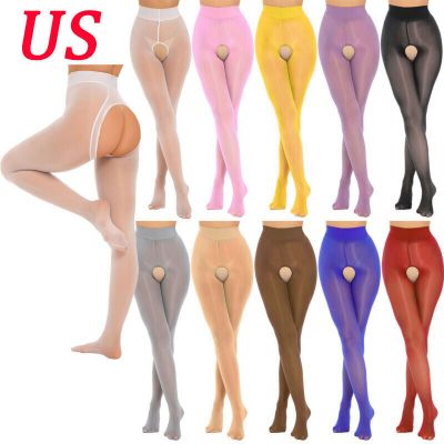 Women Glossy See-Through Pantyhose Solid Color Stretchy Footed Tights Stockings